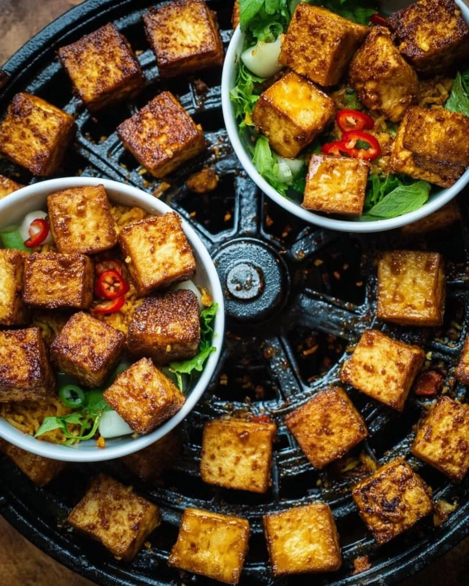 Two bowls filled with crispy tofu, garnished with vegetables and sauces