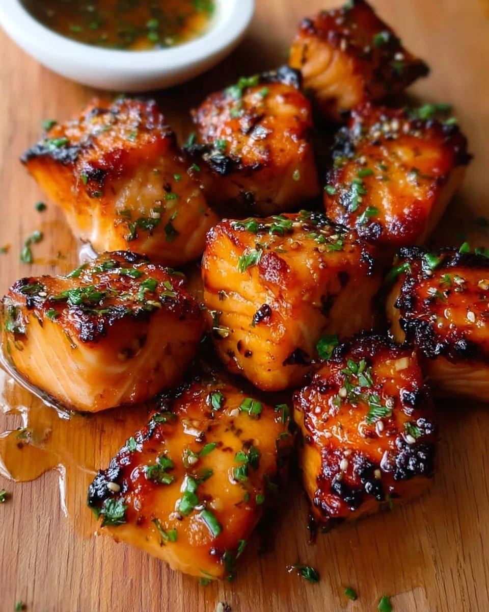 Air fryer honey garlic salmon bites served on a plate with herbs.