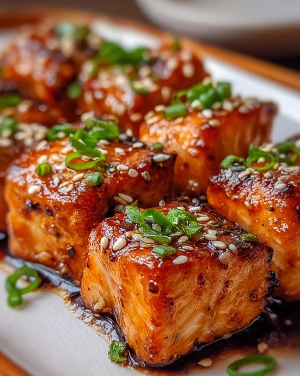 Air fryer honey garlic salmon bites ready to serve for a quick meal