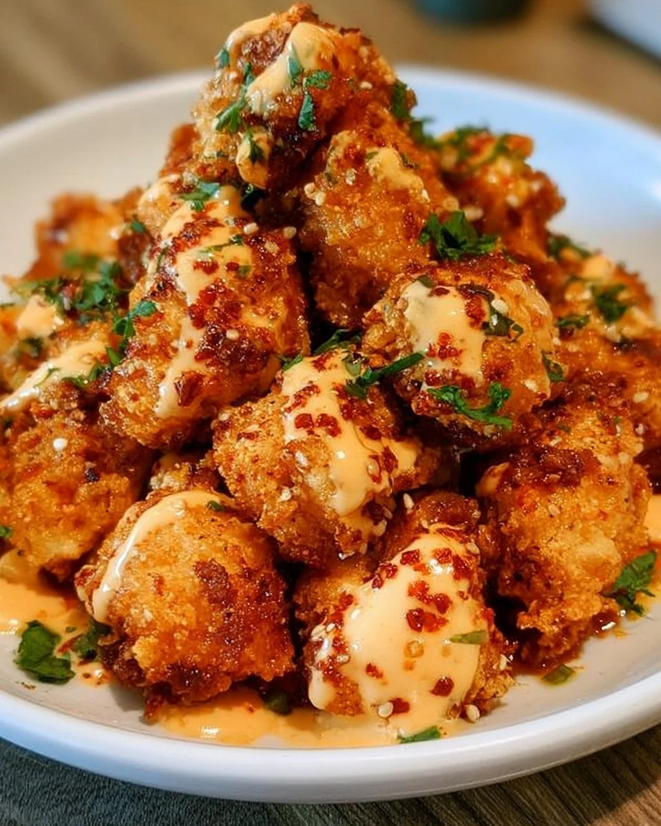 Crispy Air Fryer Bang Bang Chicken garnished and ready to serve.