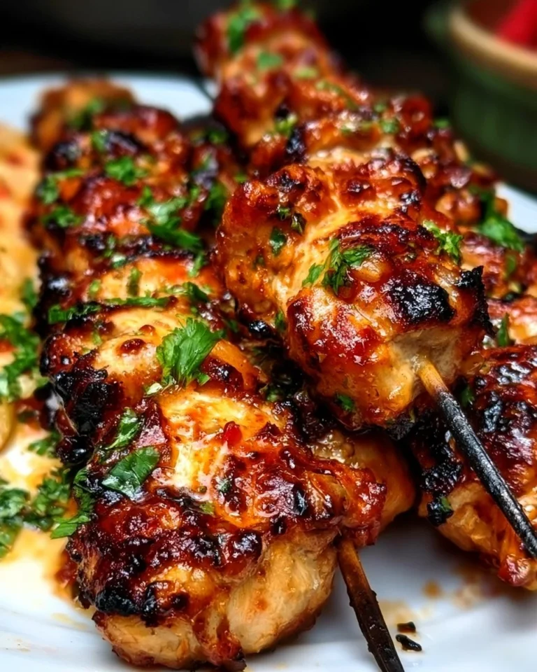 Crispy Air Fryer Bang Bang Chicken Skewers served on a white plate