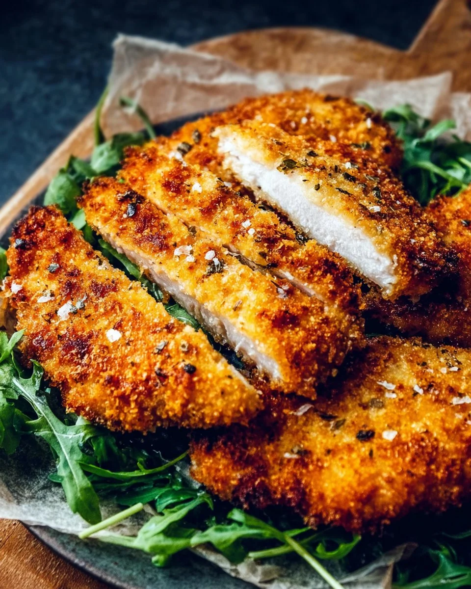 Golden brown air fryer breaded chicken breast served on a plate