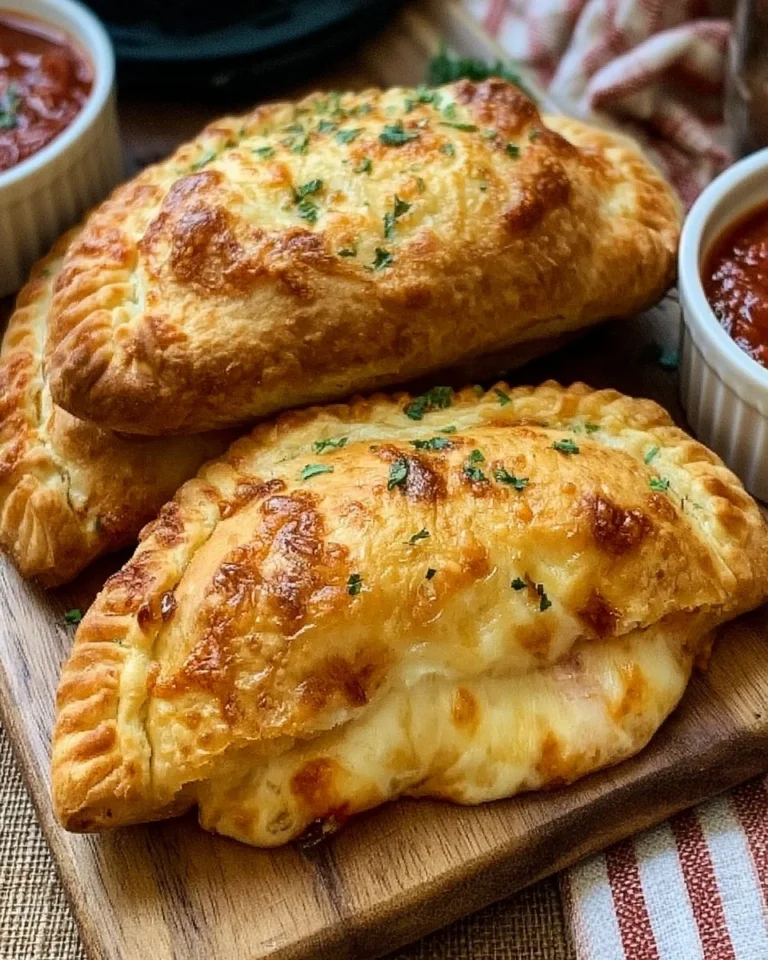 Golden brown air fryer calzones stuffed with cheese and pepperoni, served on a plate.