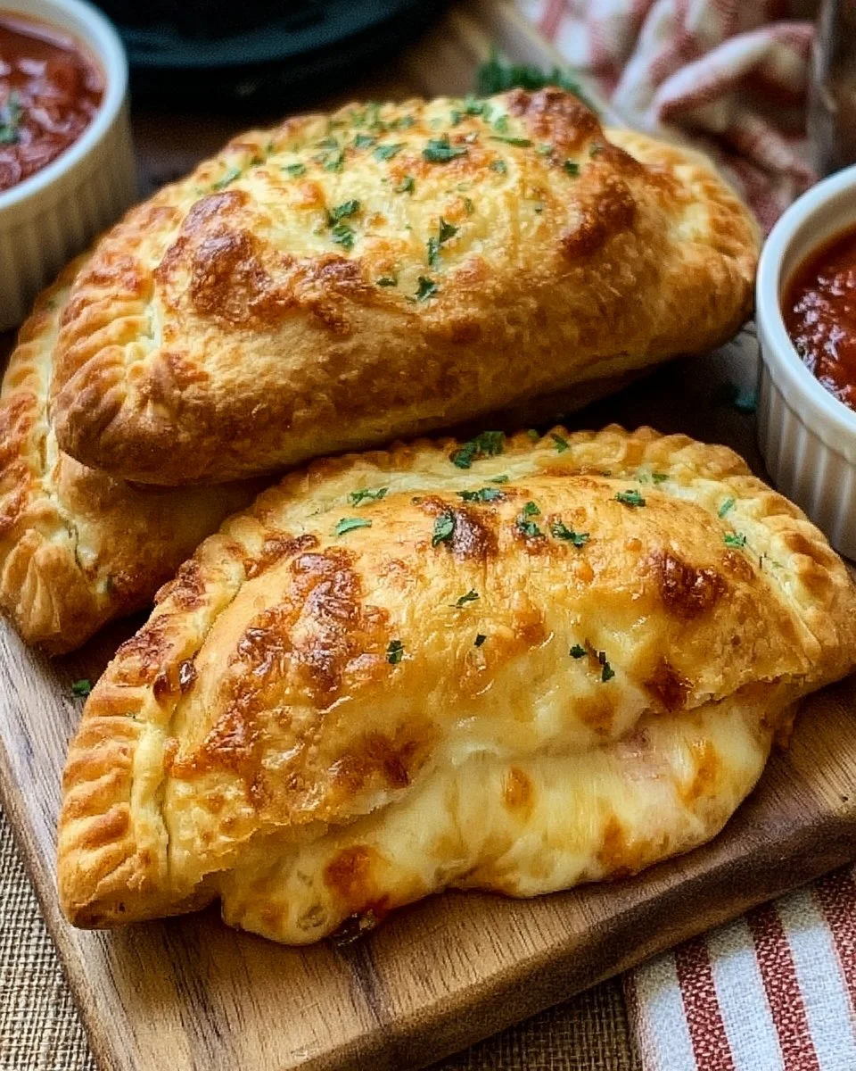 Golden brown air fryer calzones stuffed with cheese and pepperoni, served on a plate.