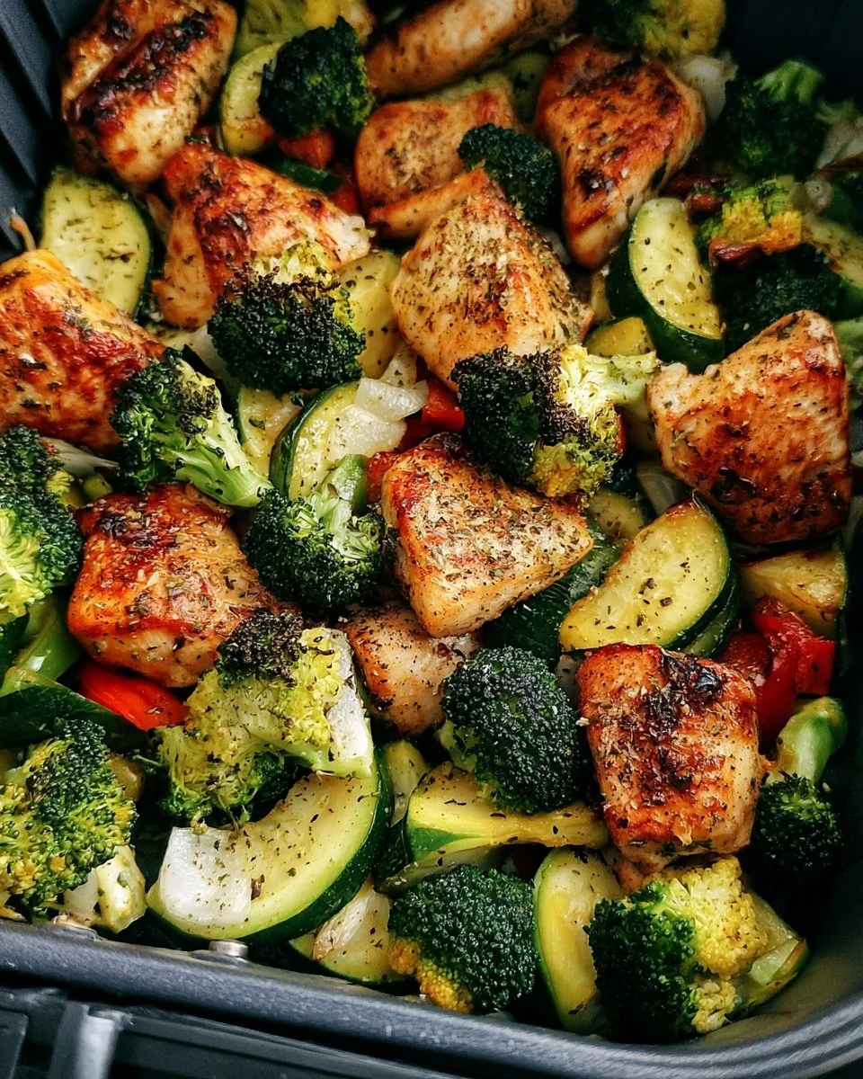 Air Fryer Chicken and Veggies meal ready to serve