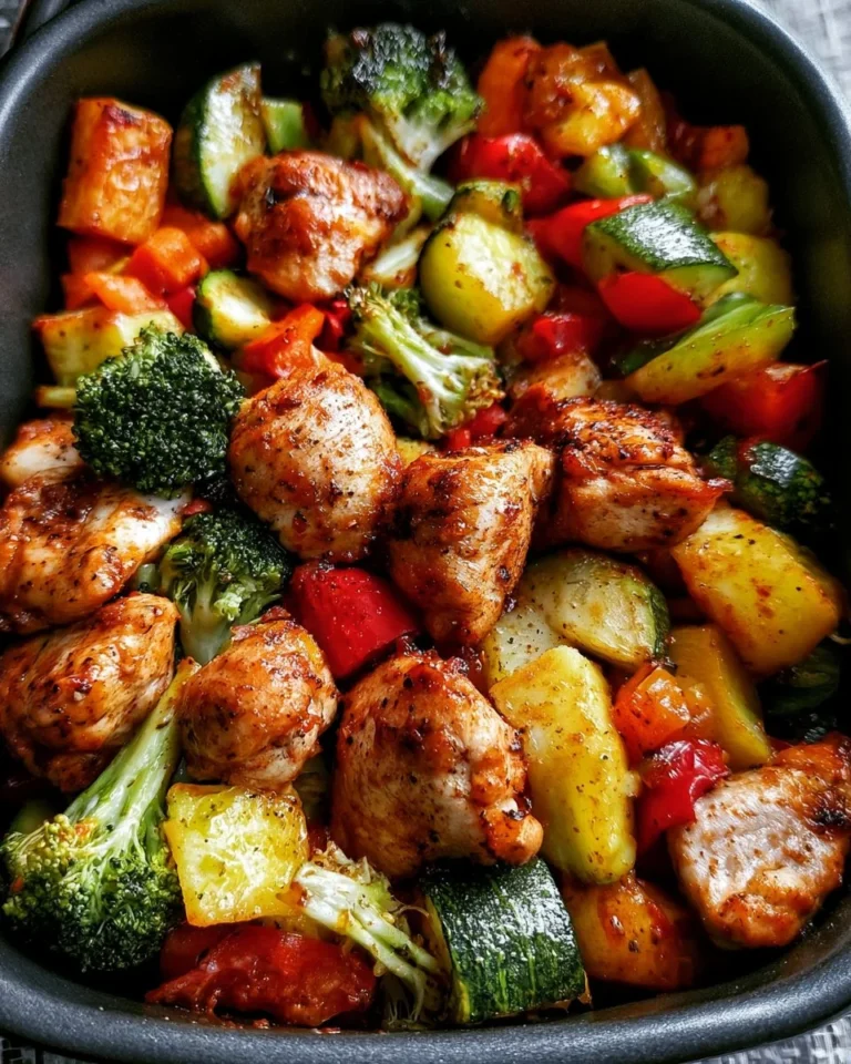 Air fryer chicken with colorful veggies cooked in 30 minutes