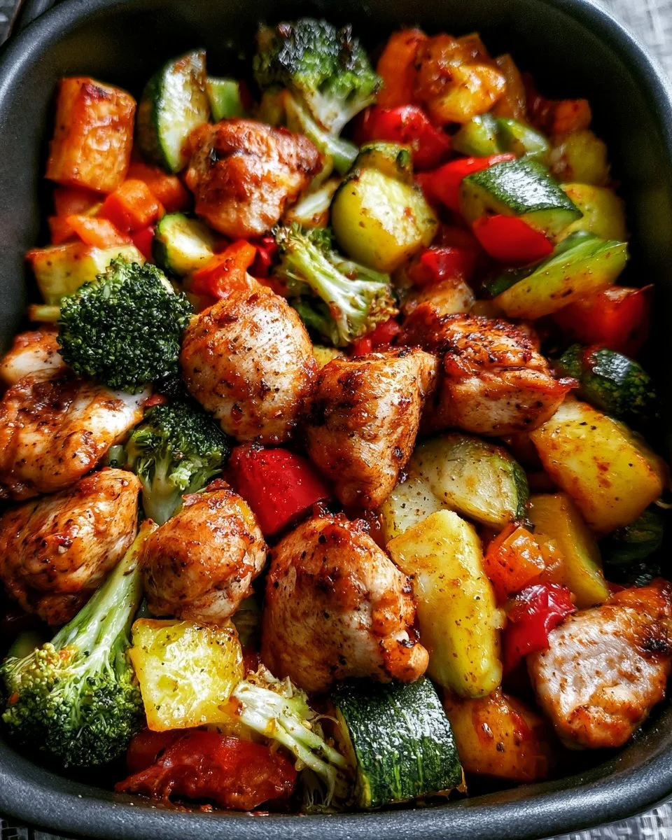 Air fryer chicken with colorful veggies cooked in 30 minutes