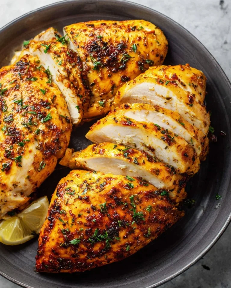 Juicy air fryer chicken breast garnished with herbs on a plate
