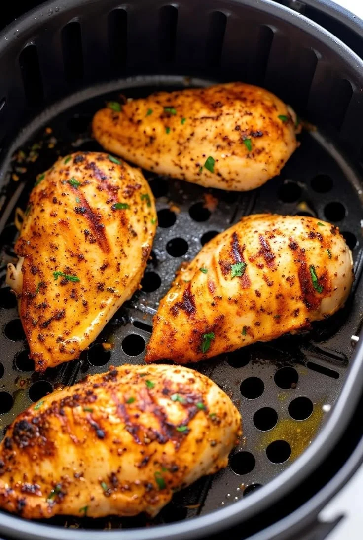 Air fryer chicken breasts served with vegetables for a healthy dinner