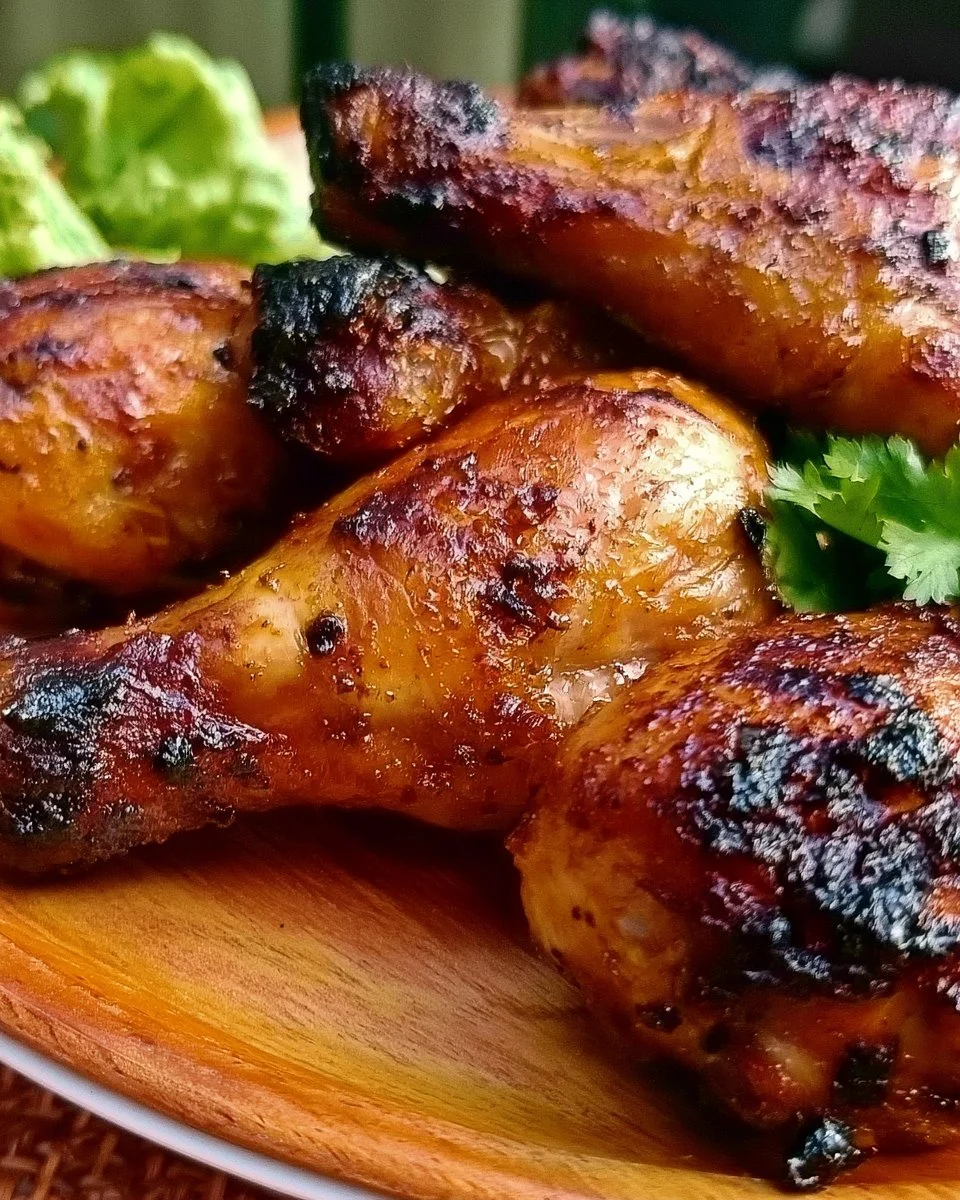 Air fryer chicken legs cooked to perfection, served on a plate with herbs.