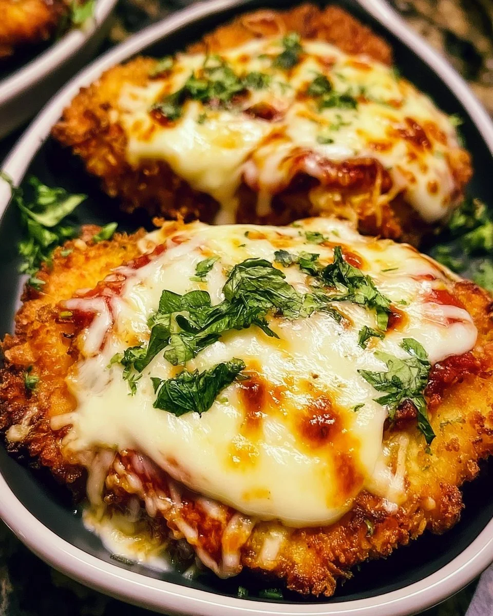 Crispy Air Fryer Chicken Parmesan served with marinara and cheese