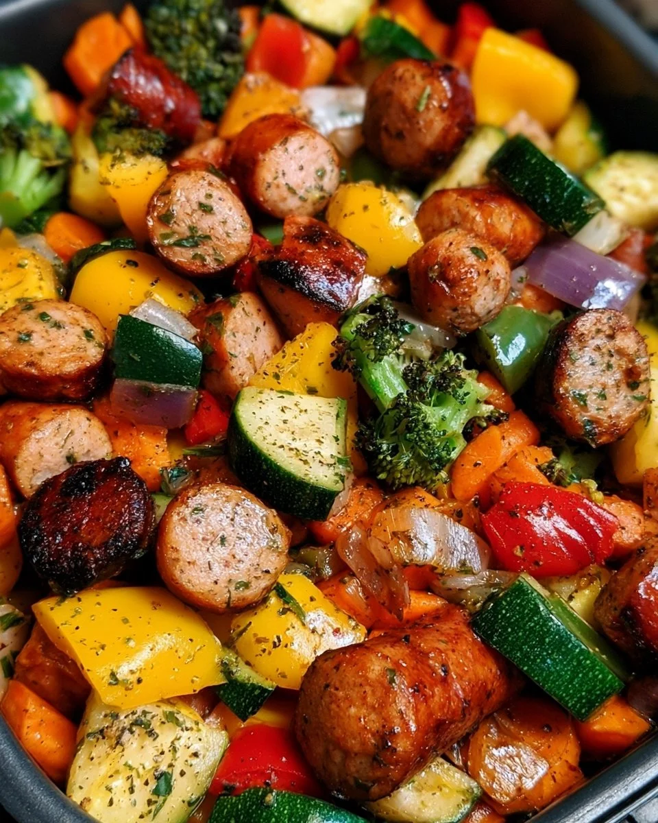 Air Fryer Chicken Sausage served with mixed vegetables for a healthy meal