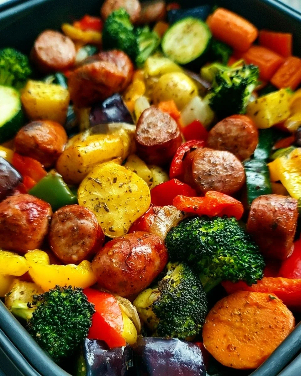 Crispy air fryer chicken sausage with roasted veggies for a healthy meal