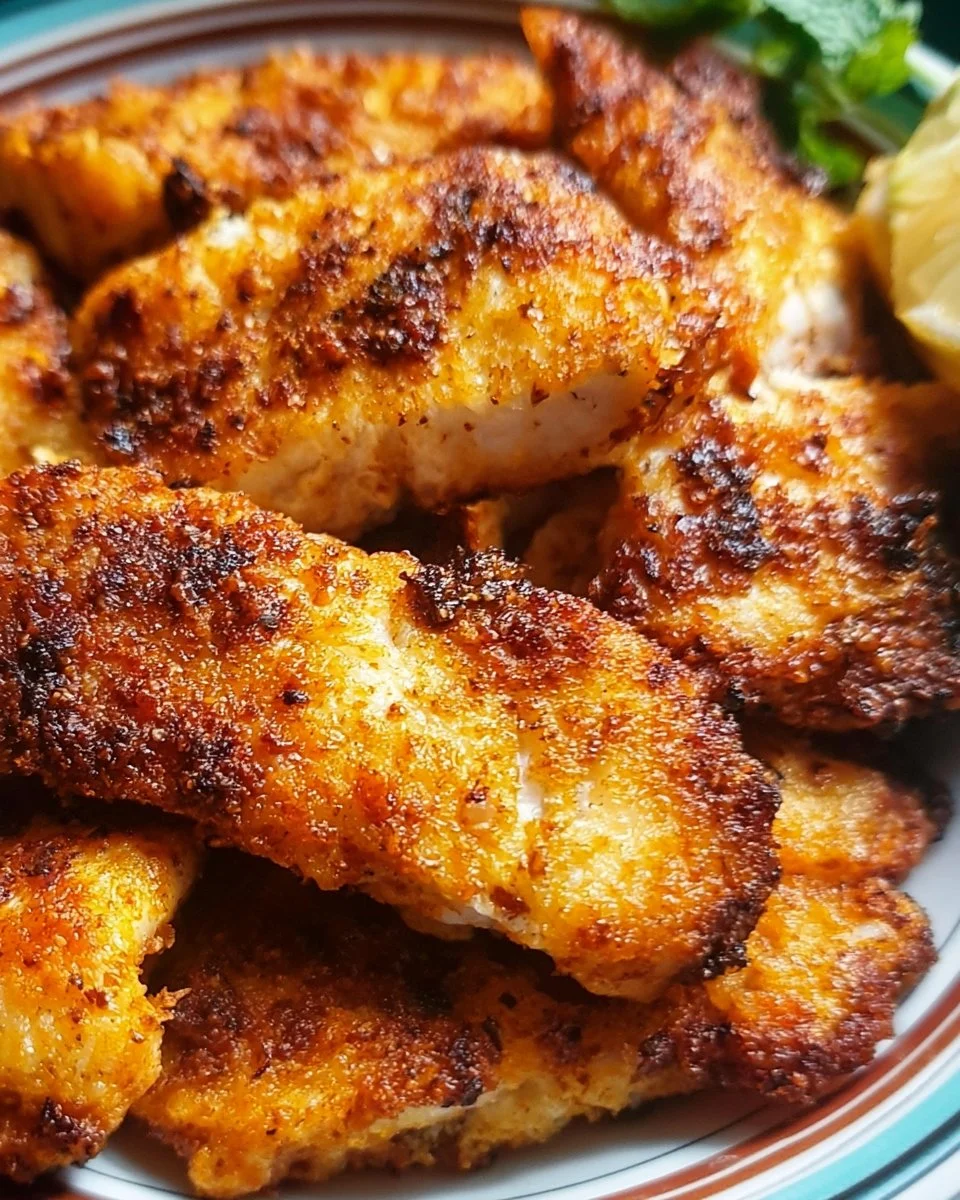 Air fryer crispy fish served on a plate with fresh herbs and lemon slices