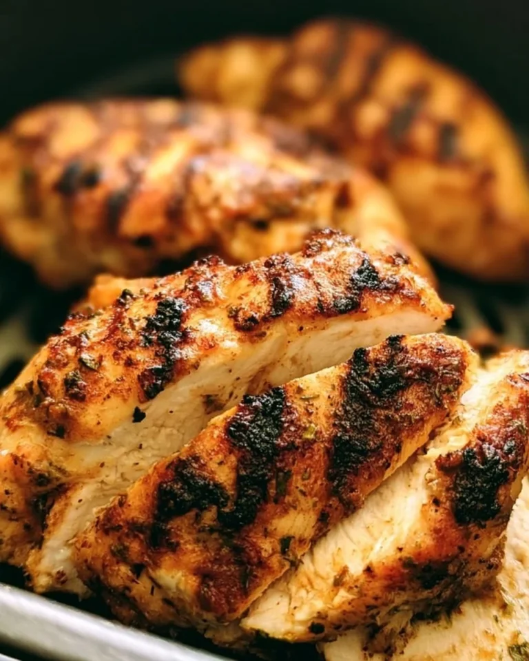 Air fryer grilled chicken breasts plated with herbs and spices.