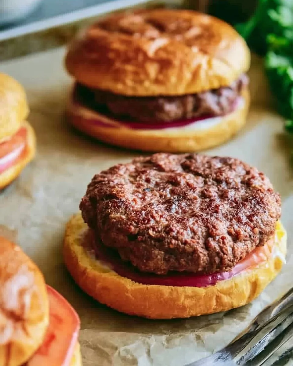 Juicy air fryer hamburgers topped with easy garlic aioli
