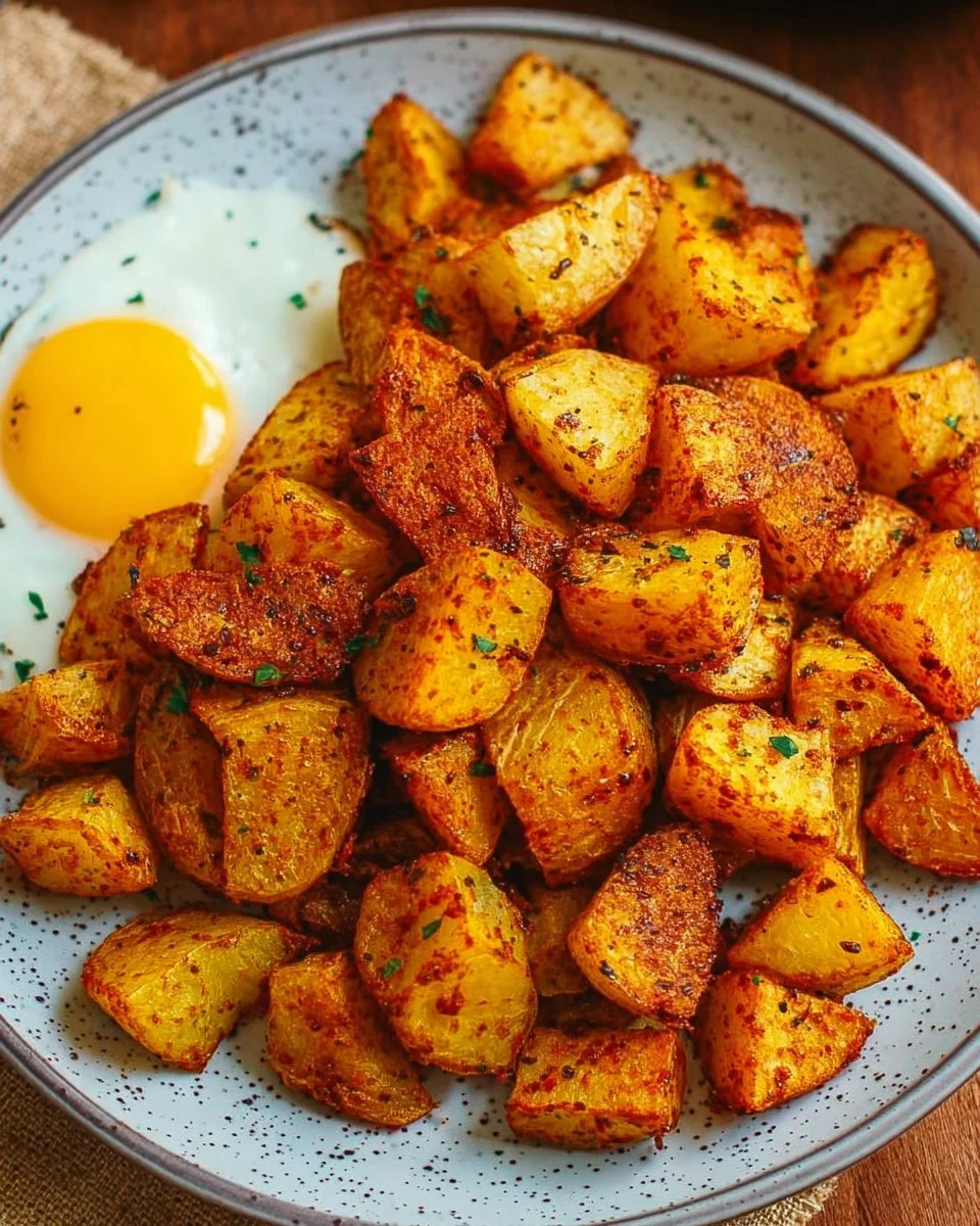 Crispy air fryer home fries served on a breakfast plate