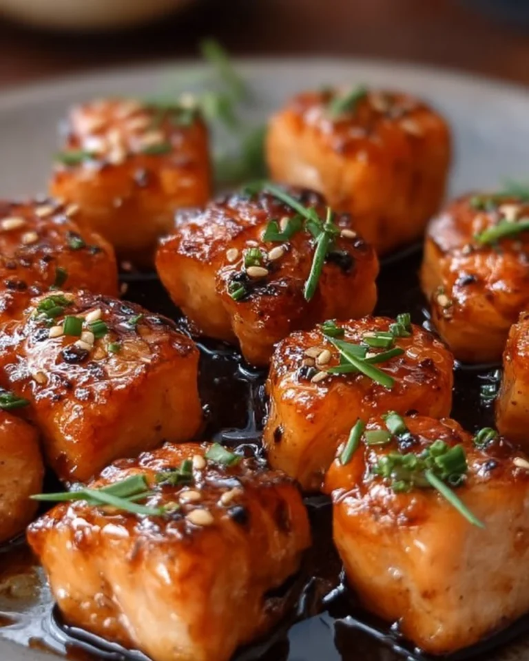 Air Fryer honey garlic salmon bites served on a plate with garnishes