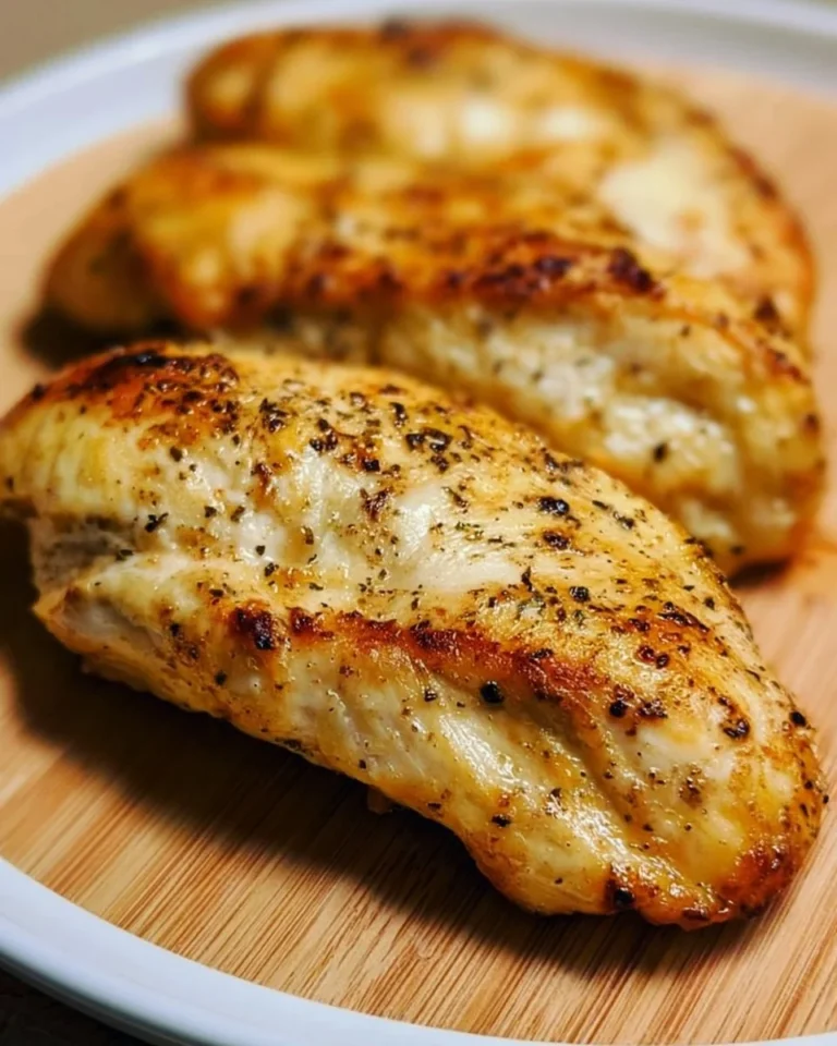 Air fryer juicy and tender chicken breasts served on a plate with herbs