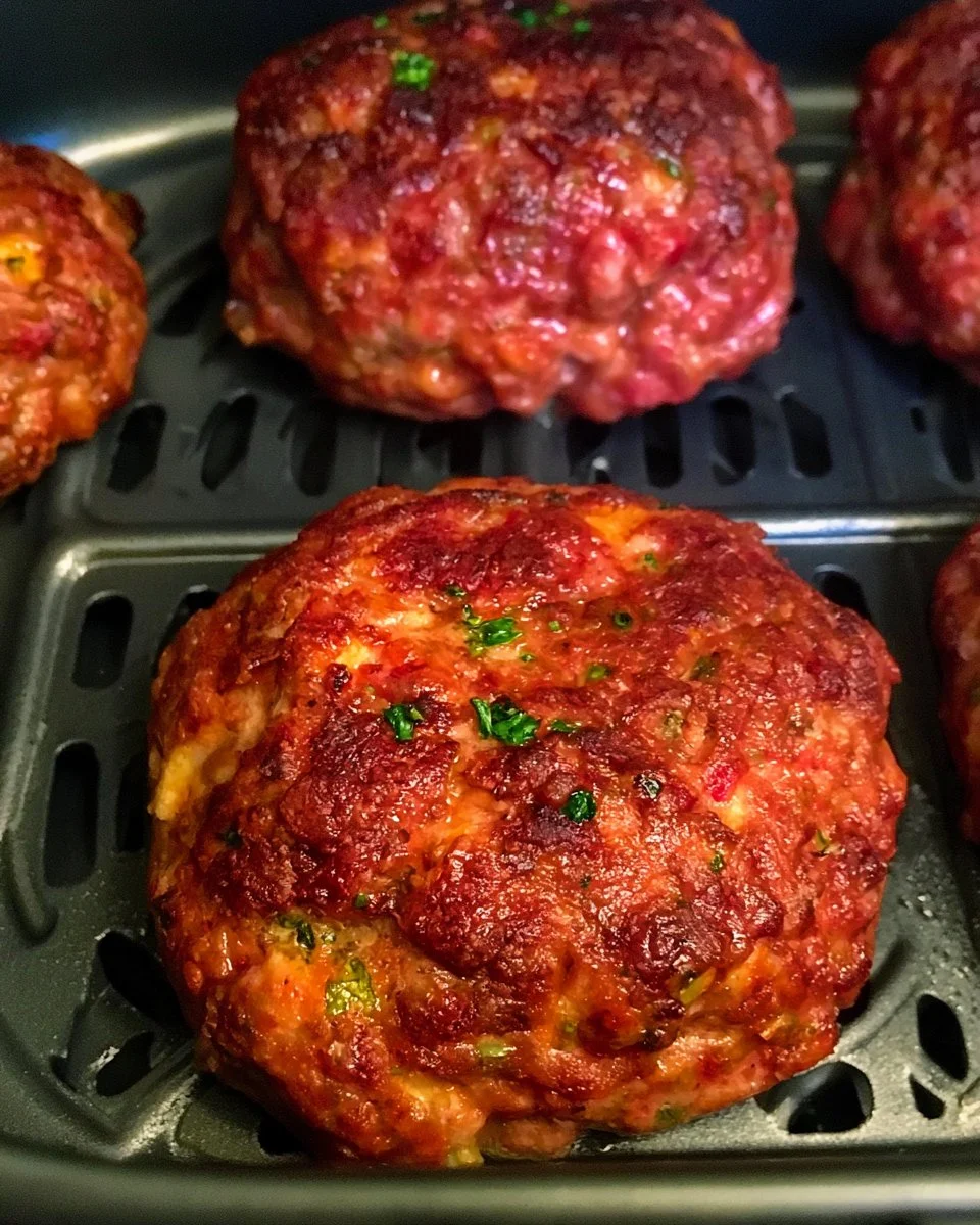 Crispy air fryer mini meatloaves served on a plate with herbs