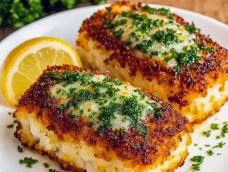 Air Fryer Parmesan Cod served on a plate with lemon and herbs