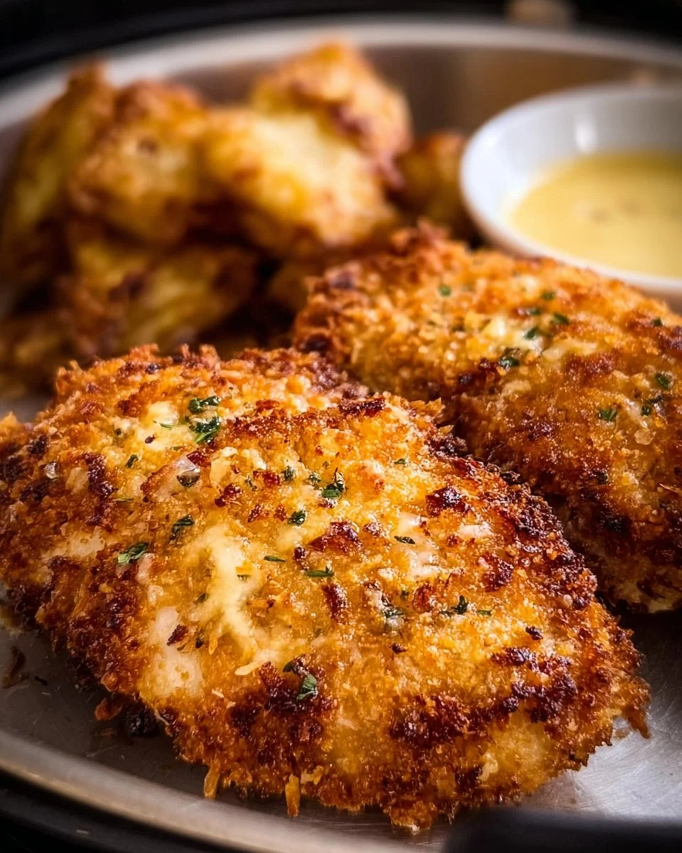 Air Fryer Parmesan Crusted Chicken served on a plate with herbs and lemon