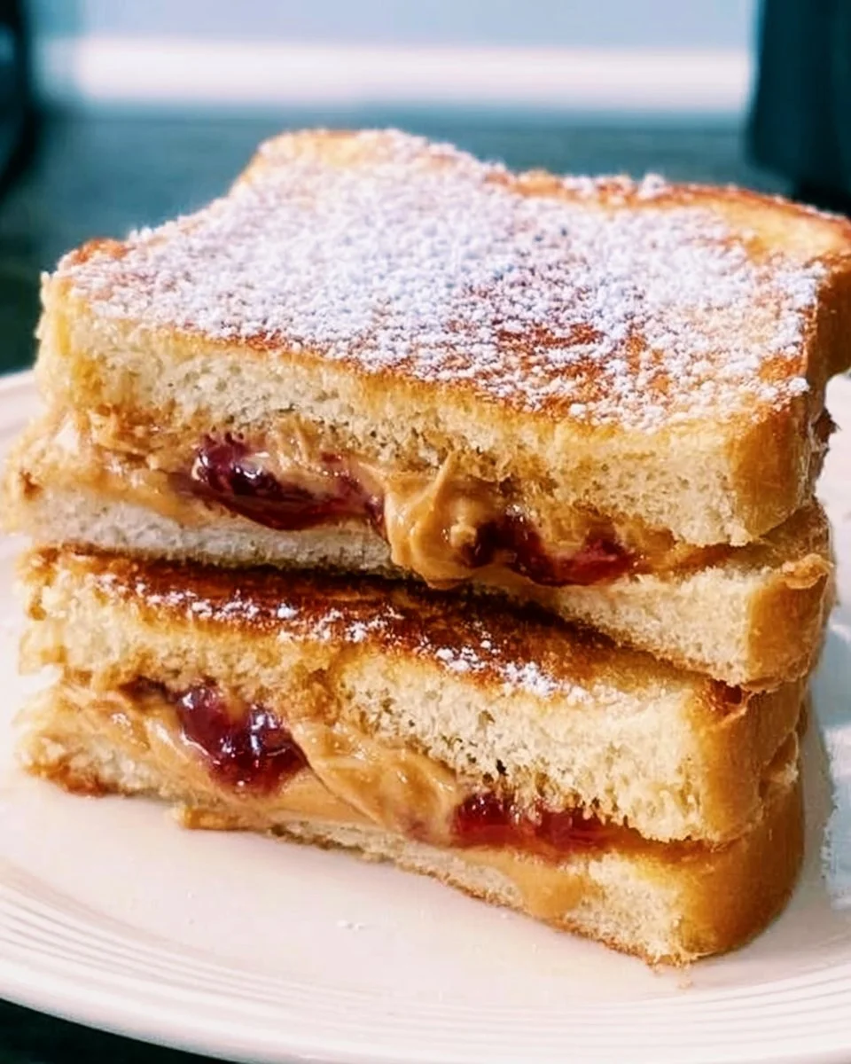 Delicious Air Fryer PB&J sandwich on a plate with a side of fruit