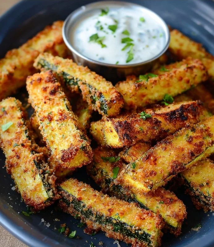 Air fryer zucchini fries served with dipping sauce on a rustic table