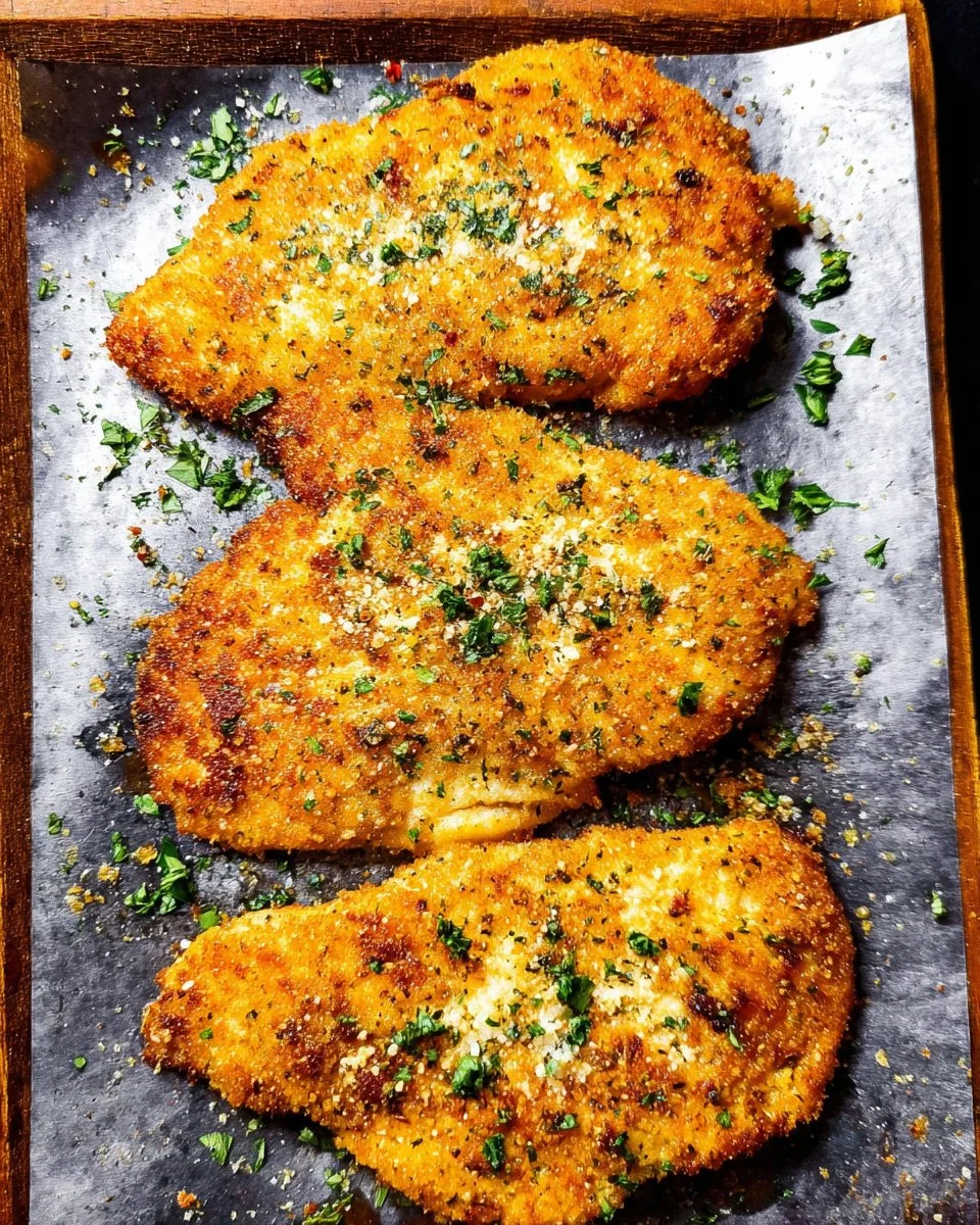 Baked Parmesan Crusted Chicken with crispy coating and herbs