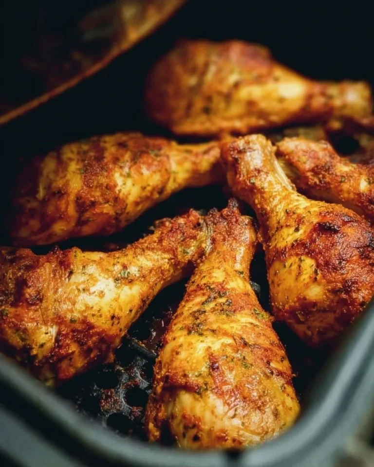 Crispy chicken drumsticks cooked in an air fryer, ready to serve.