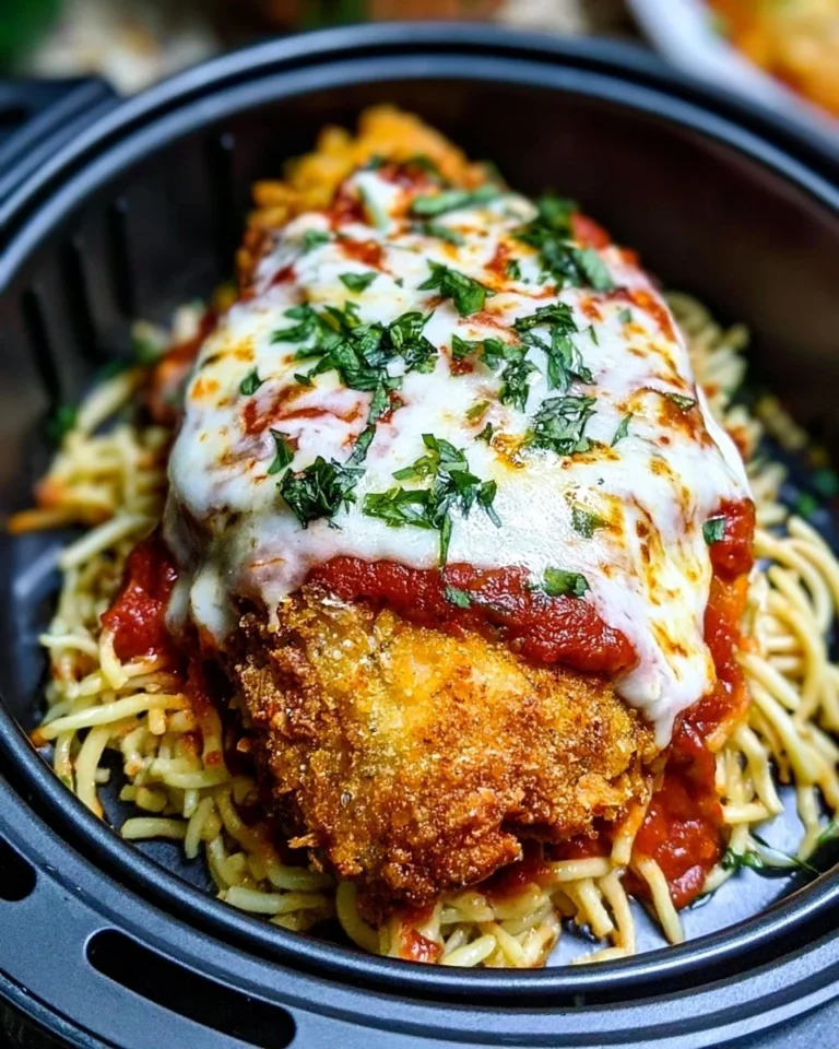 Crispy Chicken Parmesan cooked in an air fryer, served with marinara sauce.
