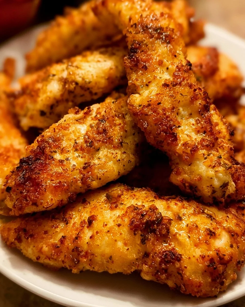Crispy air fryer chicken tenderloins served on a plate with dipping sauce