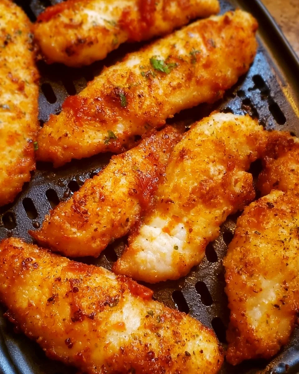 Crispy air fryer chicken tenders served with dipping sauce on a plate.