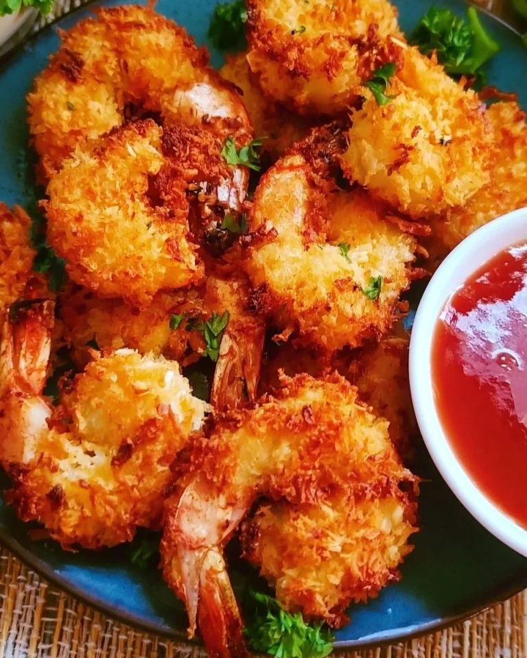 Crispy air fryer coconut shrimp served with a dipping sauce.
