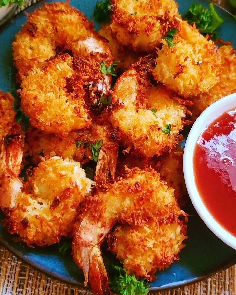 Crispy air fryer coconut shrimp served with a dipping sauce.