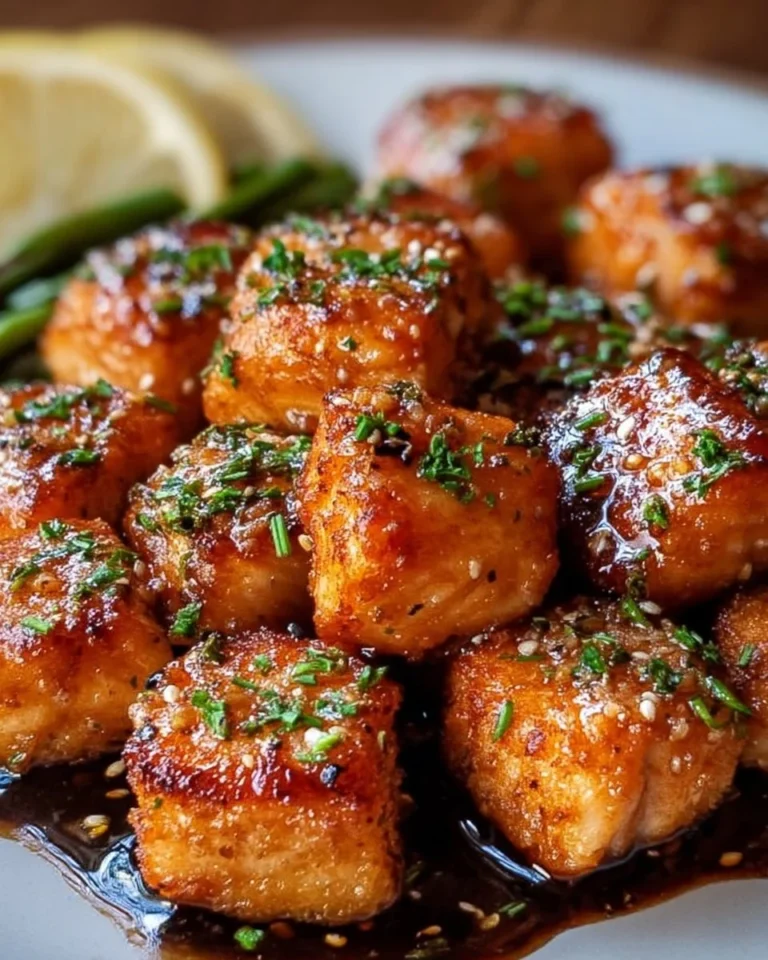 Crispy air fryer honey garlic salmon bites served on a plate with garnish