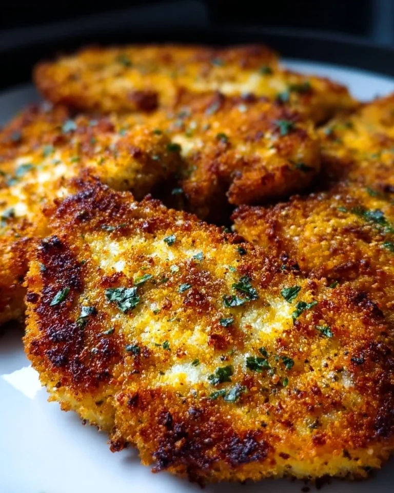 Crispy air fryer parmesan chicken served on a plate with herbs and vegetables.