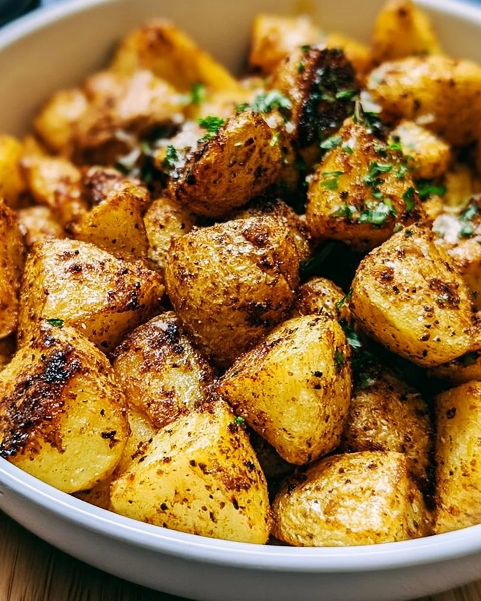 Crispy air fryer potatoes served in a bowl, showcasing a golden-brown texture.