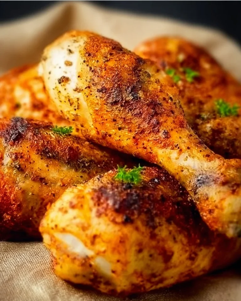 Crispy baked chicken legs drumsticks golden brown and juicy on a plate.