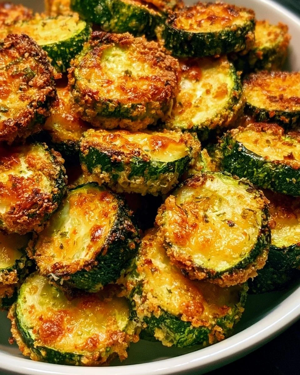 Crispy cheesy air fryer zucchini garnished and served on a plate