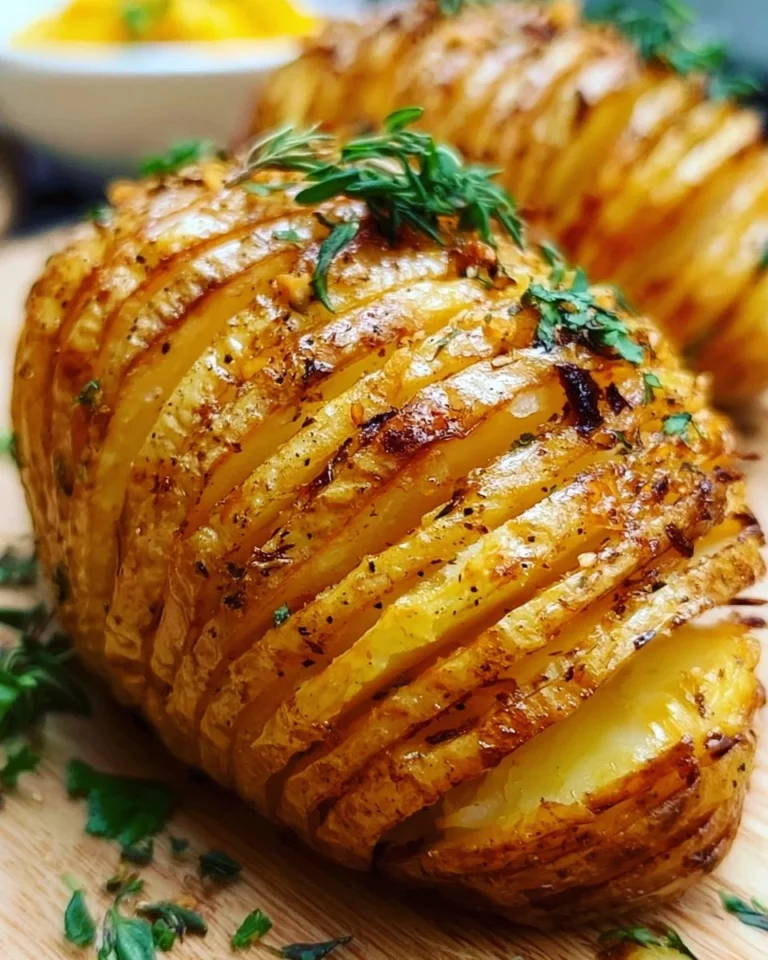 Crispy Hasselback Potatoes baked in the oven, garnished and ready to serve
