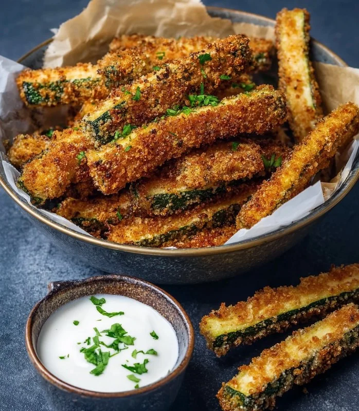 Crispy healthy keto zucchini fries served on a plate