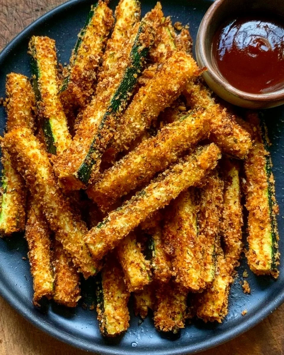 Crispy healthy zucchini fries served with dipping sauce on a plate