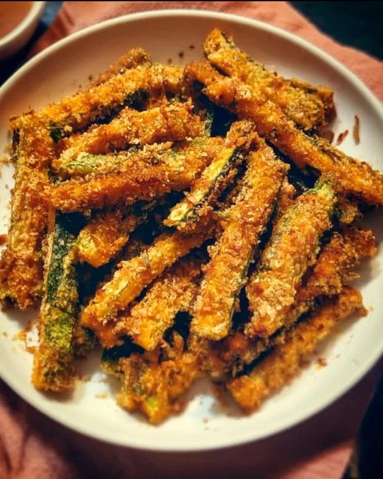 Crispy healthy baked zucchini fries served in a bowl, garnished with herbs.