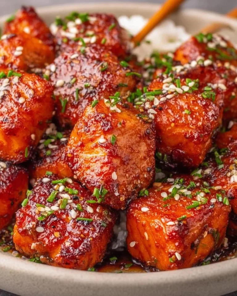Crispy honey garlic salmon bites served on a plate.