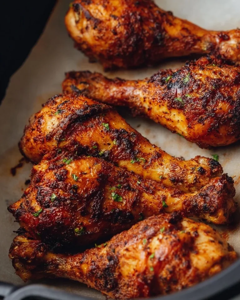 Crispy, juicy air fryer chicken legs arranged on a plate with herbs.