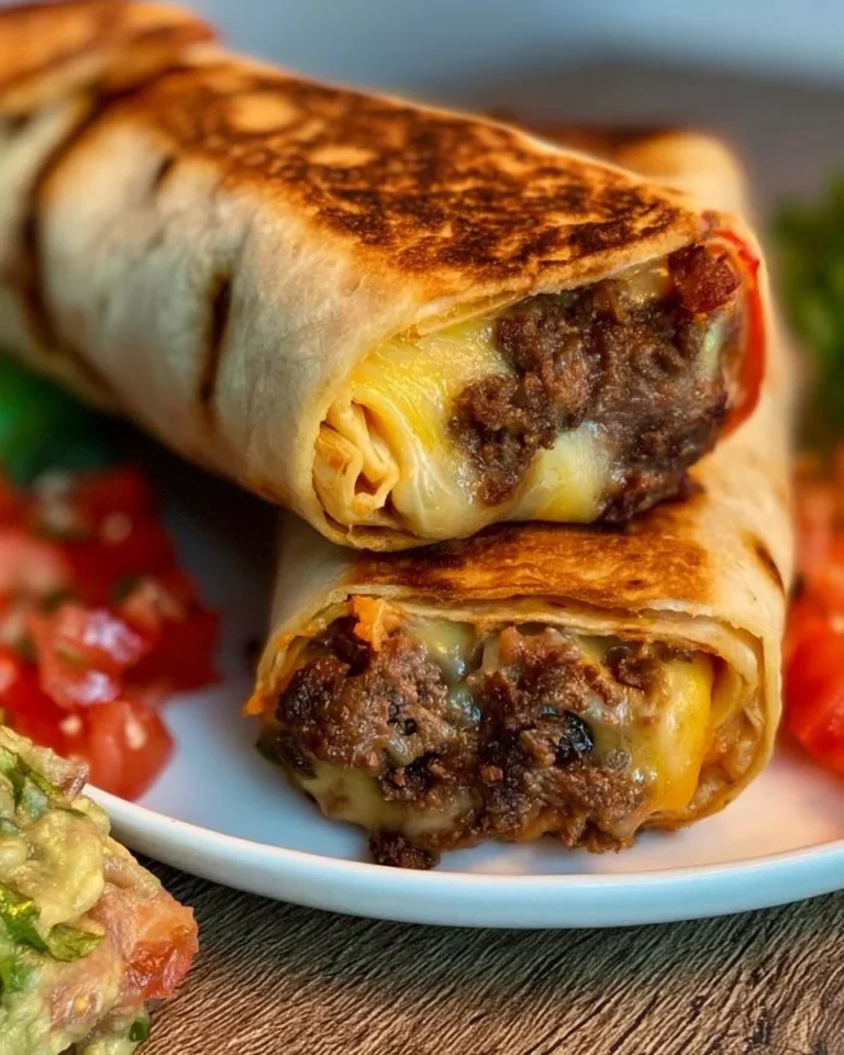 Easy air fryer cheeseburger wraps with cheese and beef in a tortilla