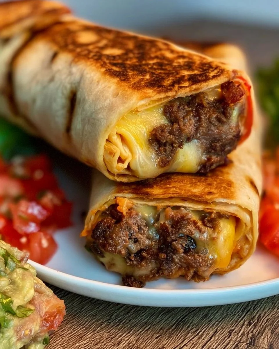 Easy air fryer cheeseburger wraps with cheese and beef in a tortilla