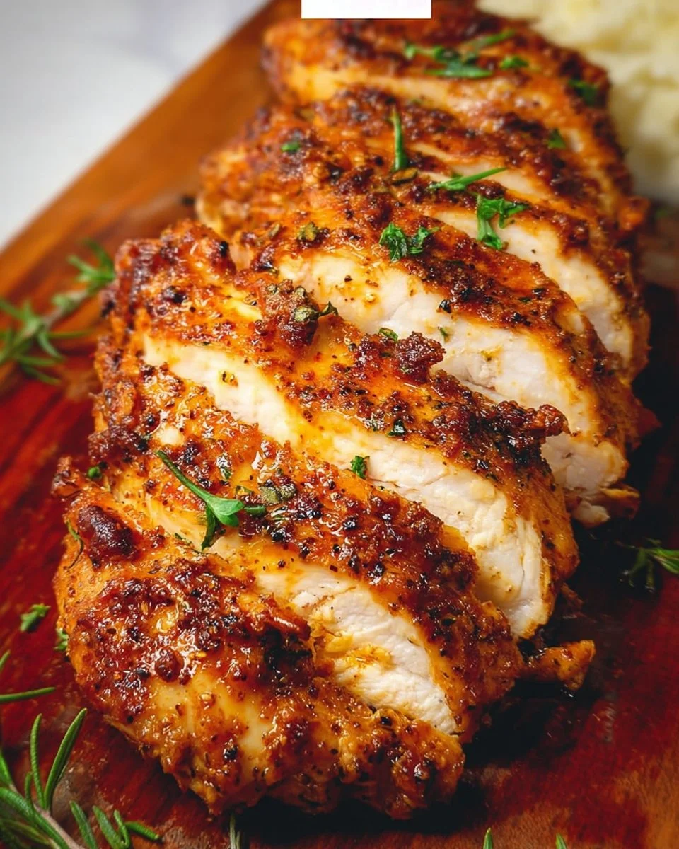 Juicy air fryer chicken breast served with herbs and spices
