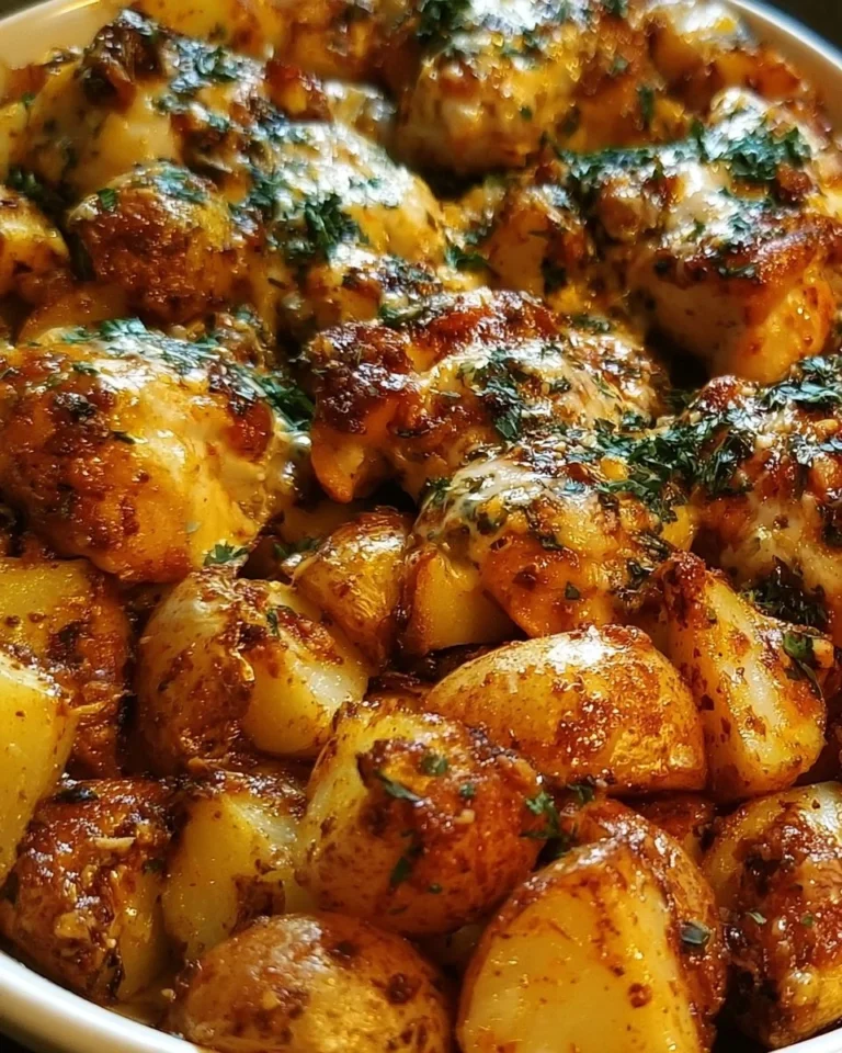 Easy garlic parmesan chicken with potatoes served on a plate